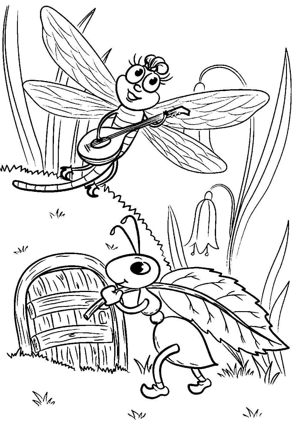 Иллюстрация к басне Крылова Стрекоза и муравей