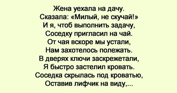 Рассказ муж уехал. Жена уехала на дачу. Жена уехала на дачу сказала милый не скучай. Стих жена уехала на дачу. Когда жена уехала.