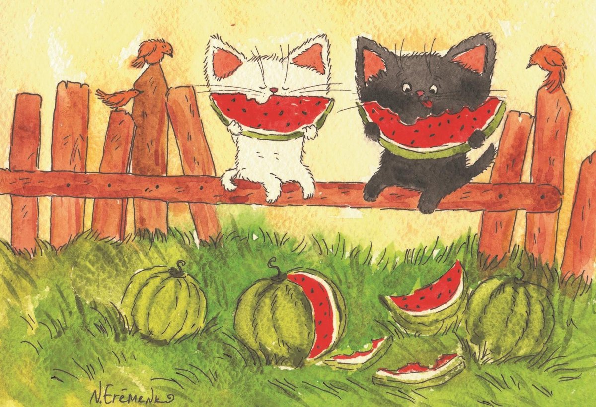 картинки нарисованные котики в деревне