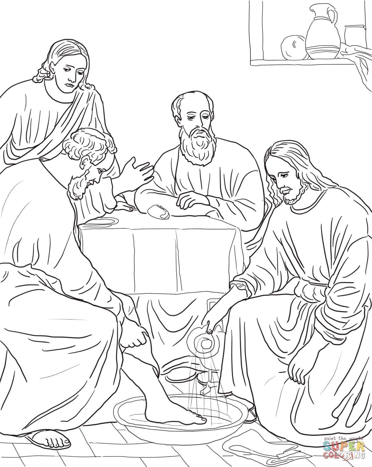 Иисус омывает ноги ученикам раскраска