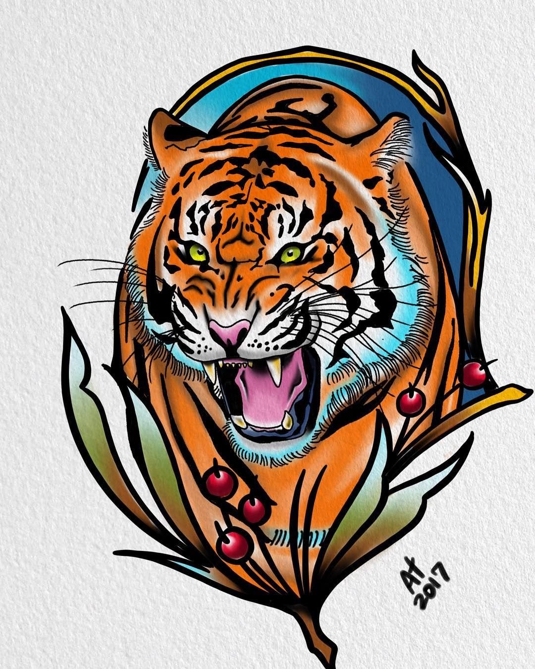 Тату тигр цветной