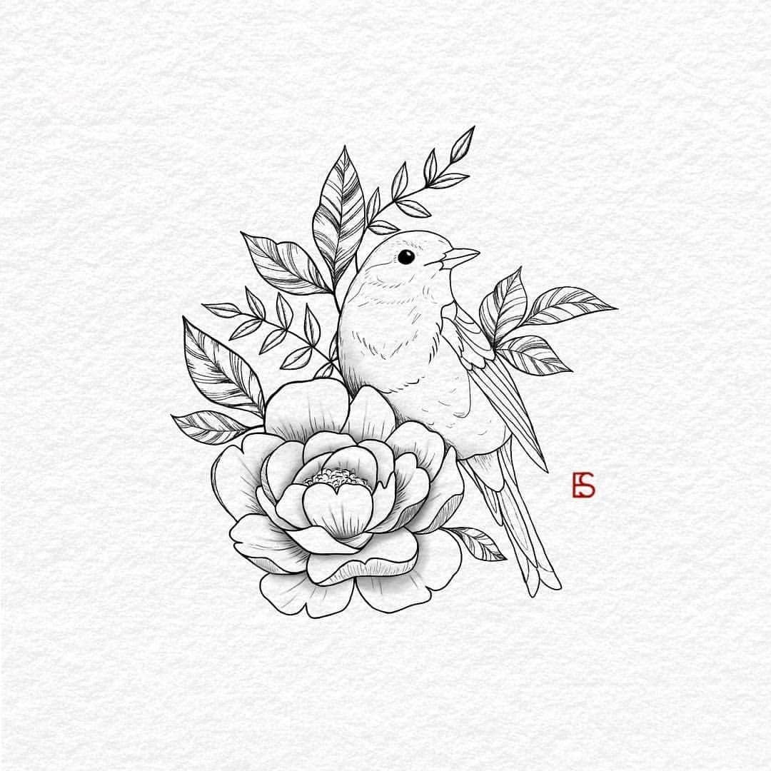 Эскиз тату птица с цветами