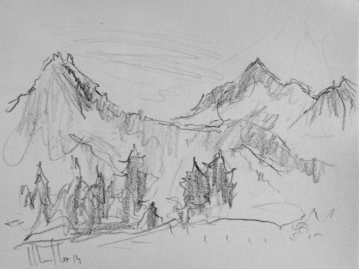 Пейзаж горы рисунок карандашом