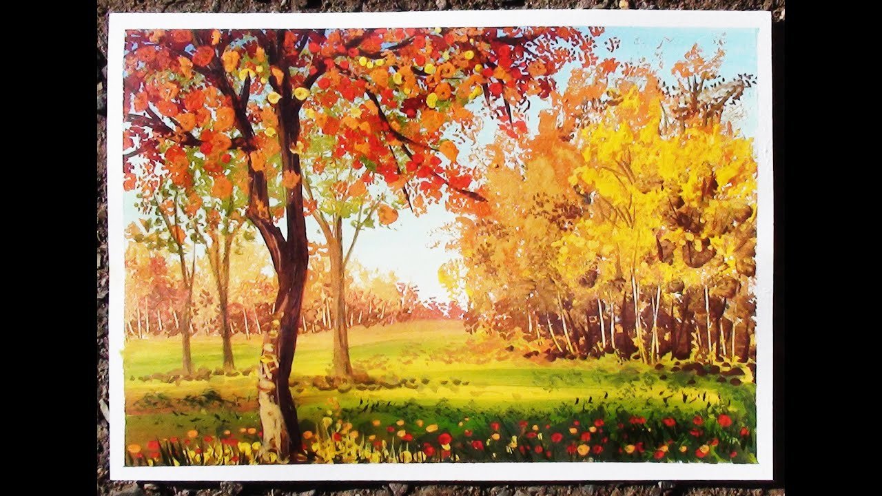 Осенний пейзаж пошагово гуашью