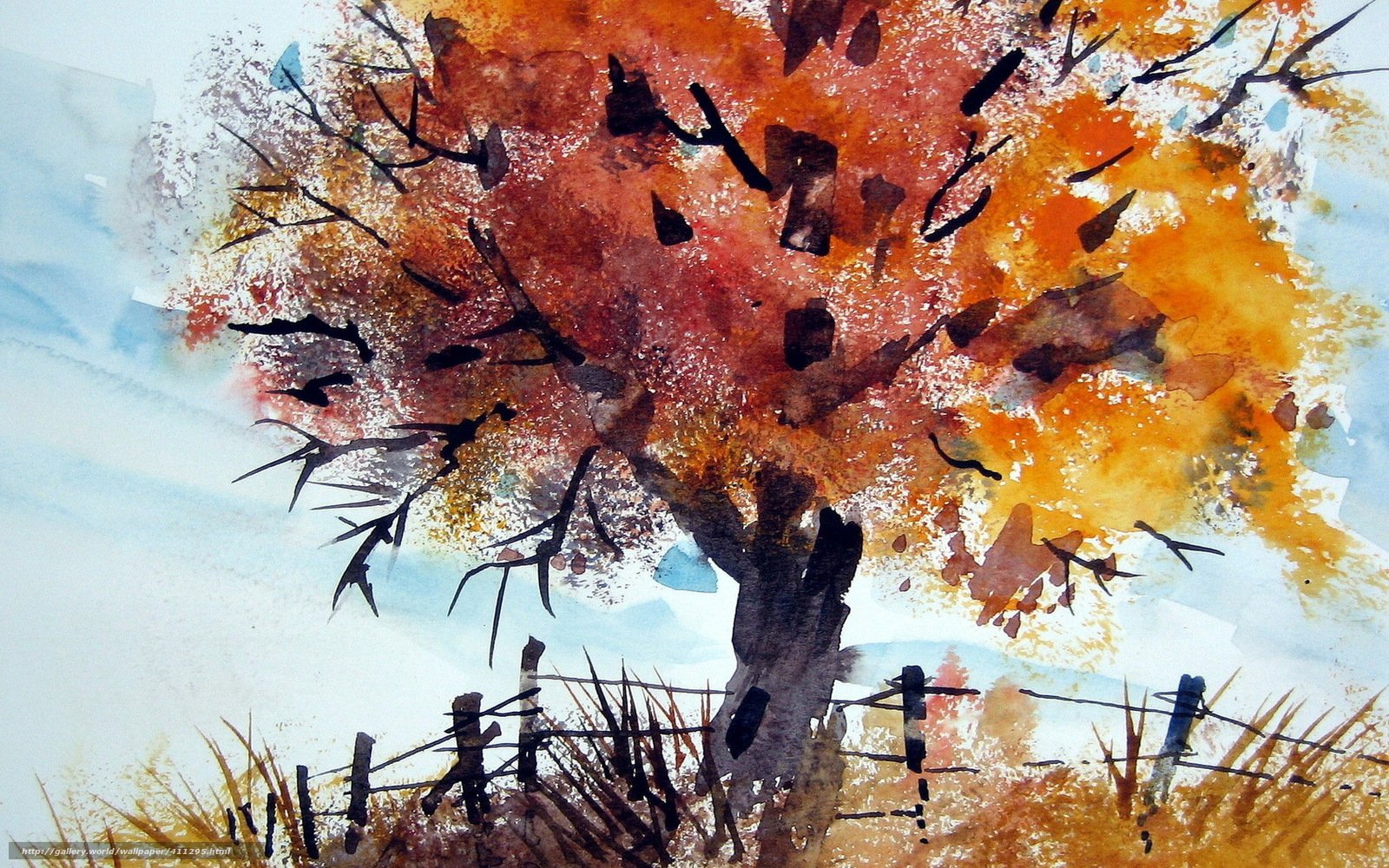 Деревья осень акварель