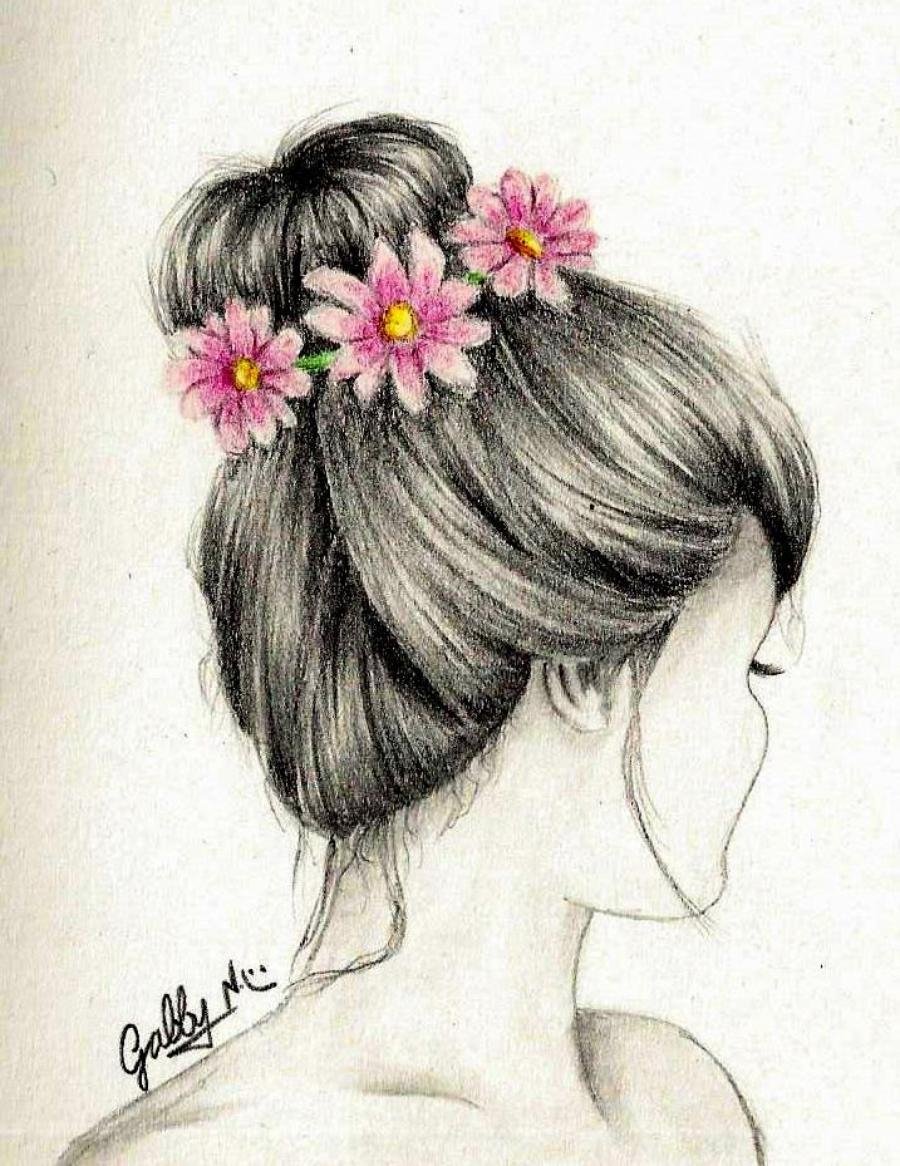 Девушка с цветами со спины рисунок