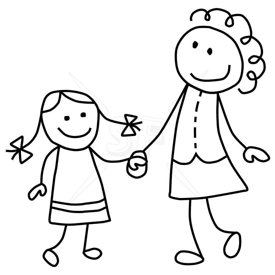 Раскраска мама с ребенком за руку
