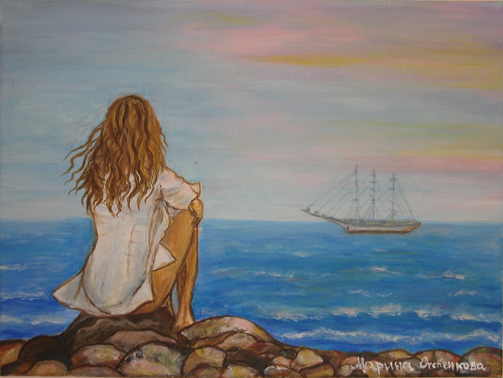 Девушка на берегу нарисованная