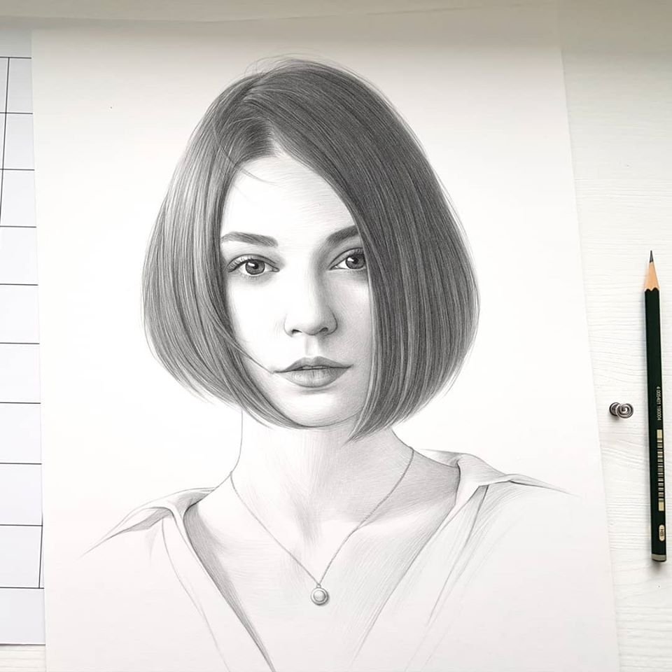 Портрет девушки с каре карандашом
