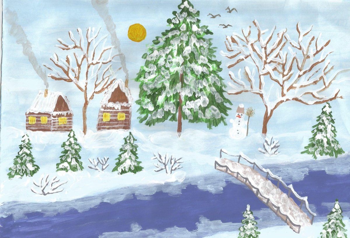 Зимний пейзаж детские рисунки