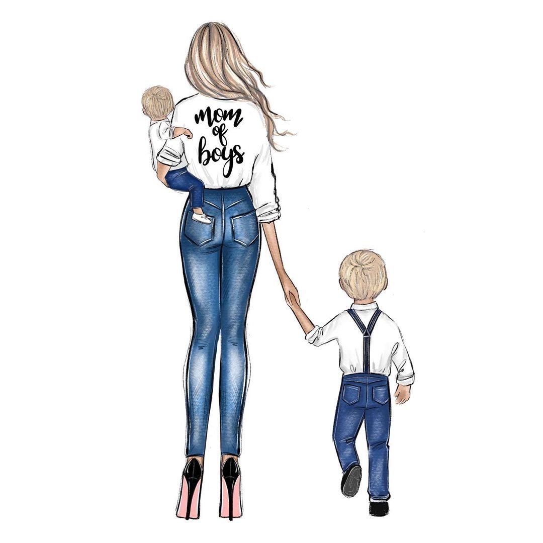 Модные иллюстрации мама и сын нарисованные