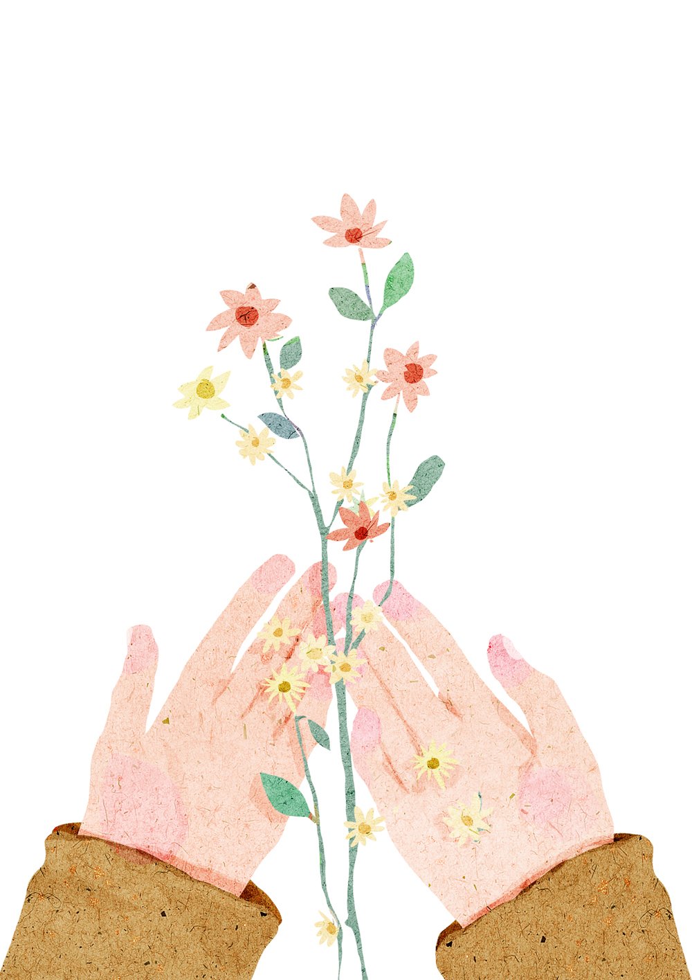 Руки с цветами акварель