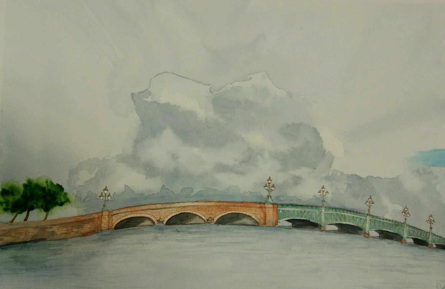 Акварель пейзажи Питер Троицкий мост