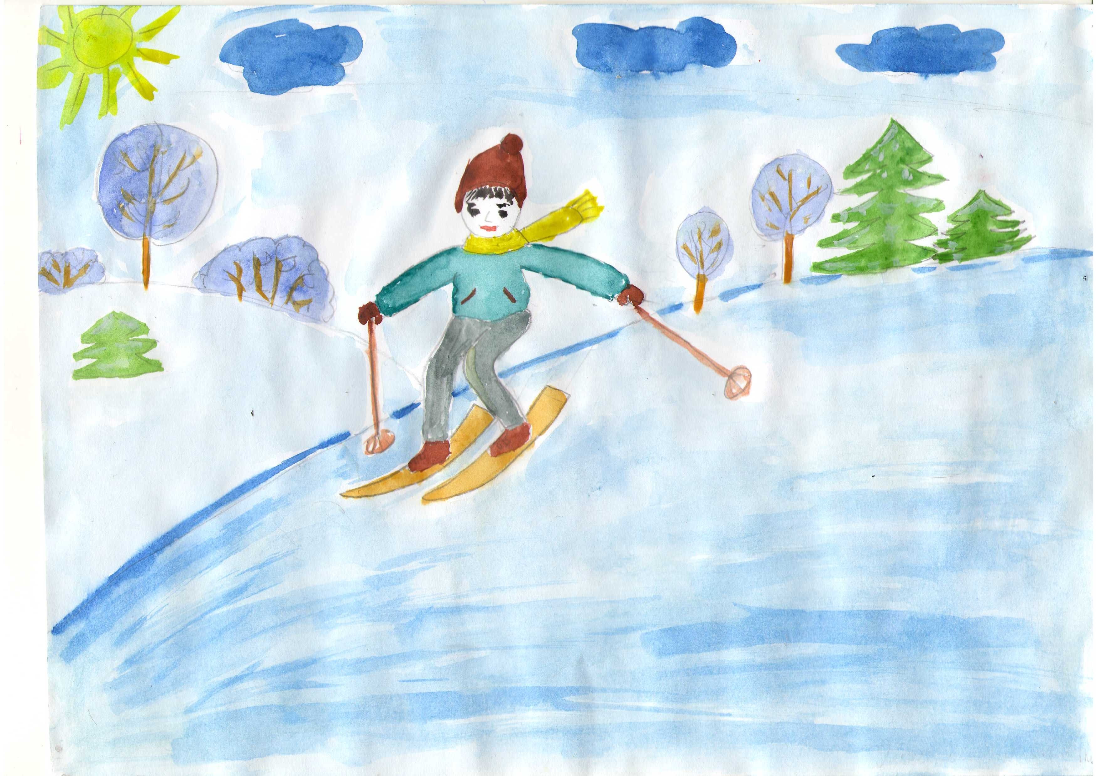 Рисунок природы с лыжниками