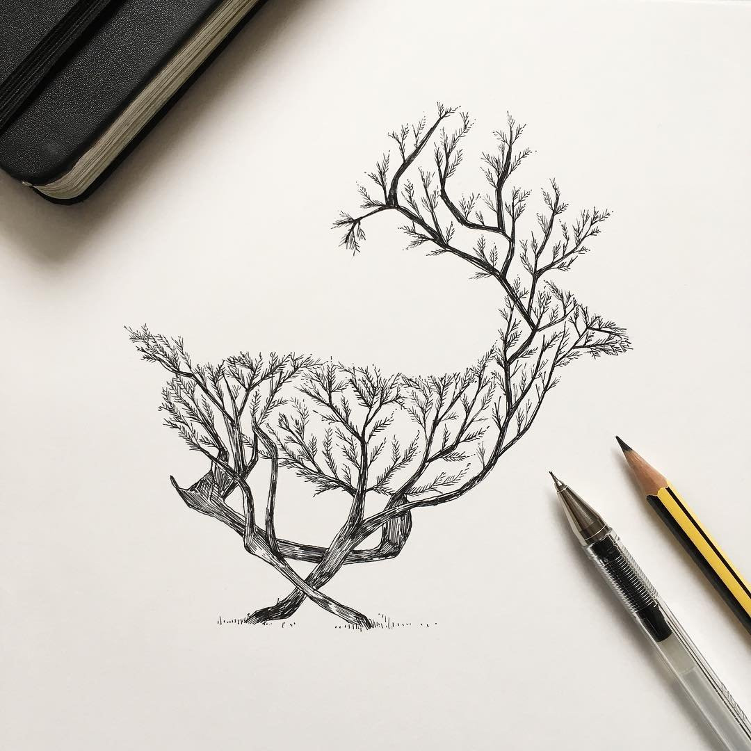 Срисовка легко черной ручкой. Необычные рисунки карандашом. Интересные скетчи. Идеи для рисунков. Дерево в скетчбуке.