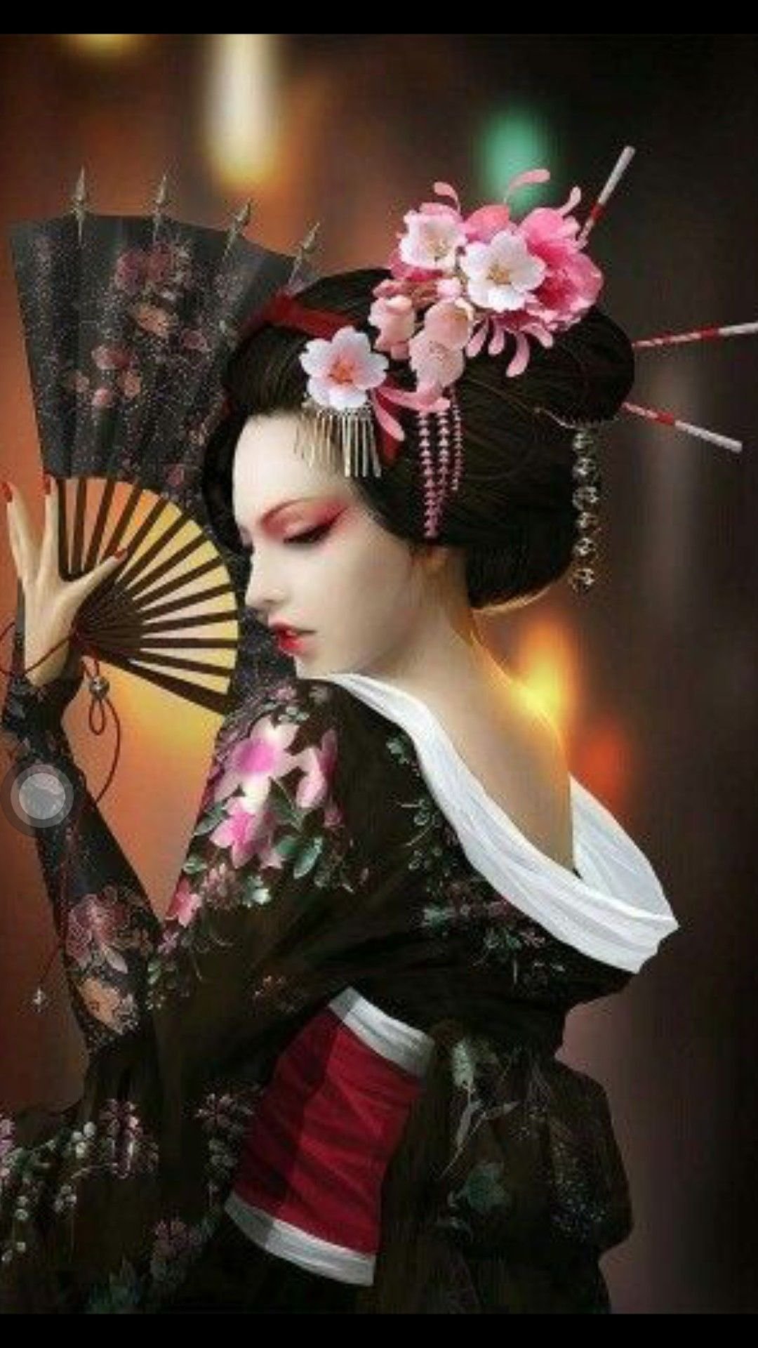 Японская гейша с веерами в кимоно