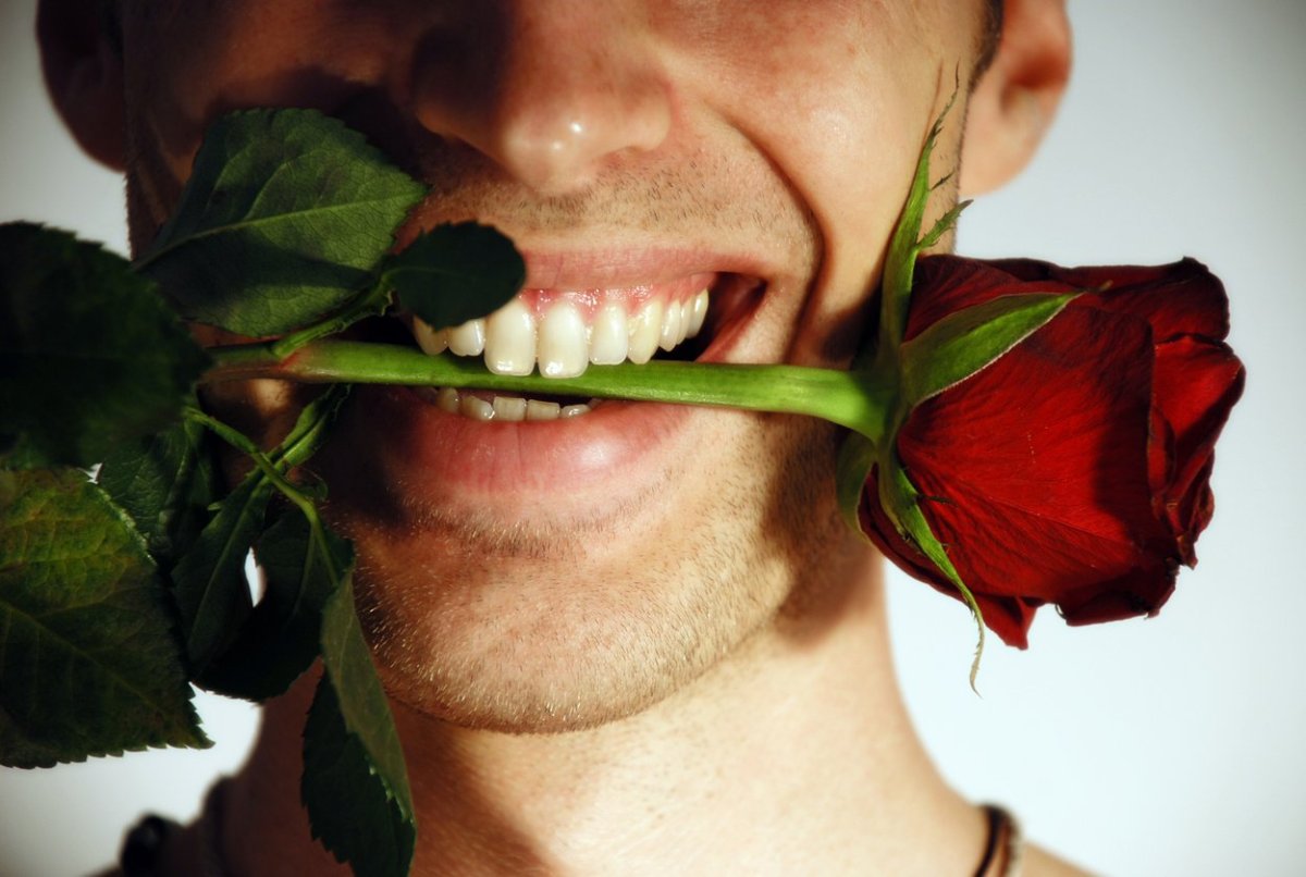 Мужчина с розой в зубах