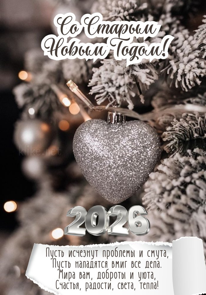 Сердечная картинка со Старым Новым годом 2026! Заснеженные ветки.